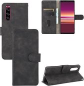 Voor Sony Xperia 5 Effen Kleur Huid Voel Magnetische Gesp Horizontale Flip Kalfsstructuur PU Lederen Case met Houder & Kaartsleuven & Portemonnee (Zwart)