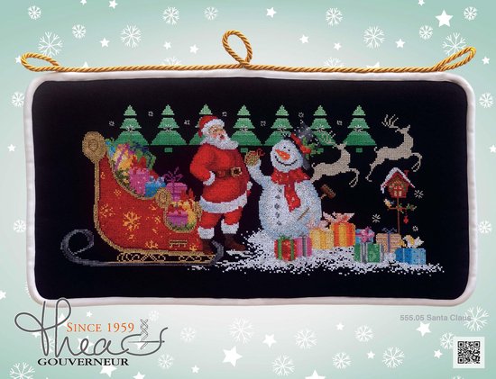 Thea Gouverneur - Borduurpakket met telpatroon - 555.05 - Voorgesorteerde DMC Garens - Kerstman - Zwart Aida - 46 cm x 25 cm - DIY Kit