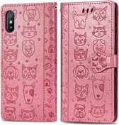 Voor xiaomi redmi 9a schattige kat en hond reliëf horizontale flip lederen tas met houder & kaartsleuven & portemonnee & lanyard (roze)