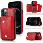 Schokbestendig PU + TPU lederen hoesje met kaartsleuven & houder & fotolijst & portemonnee & draagkoord voor iPhone 12 Pro Max (rood)