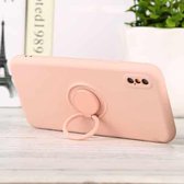 Voor iPhone X / XS effen kleur vloeibare siliconen schokbestendige volledige dekking beschermhoes met ringhouder (roze)