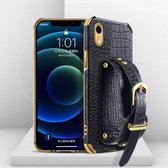 Gegalvaniseerde TPU-lederen tas met krokodillenpatroon met polsband voor iPhone XR (zwart)