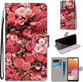 Voor Samsung Galaxy A32 4G / A32 Lite Gekleurde tekening Cross Texture Horizontale Flip PU lederen tas met houder & kaartsleuven & portemonnee & lanyard (Pink Rose Garden)