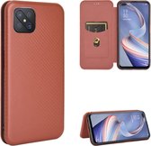 Voor OPPO A92s koolstofvezel textuur magnetische horizontale flip TPU + pc + PU lederen tas met kaartsleuf (bruin)