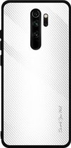 Voor Geschikt voor Xiaomi Redmi Note 8 Pro Carbon Fiber Texture Gradient Color Glass Case (Wit)