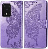 Voor Samsung Galaxy S20 Ultra Butterfly Love Flower Reliëf Horizontale Flip Leren Case met Beugel / Kaartsleuf / Portemonnee / Lanyard (Lichtpaars)