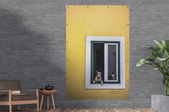 Décoration murale Chien marron par la fenêtre - 120x180 cm - Poster jardin - Toile jardin - Poster extérieur