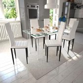 Eetkamerset 6 witte slim line stoelen en 1 glazen tafel