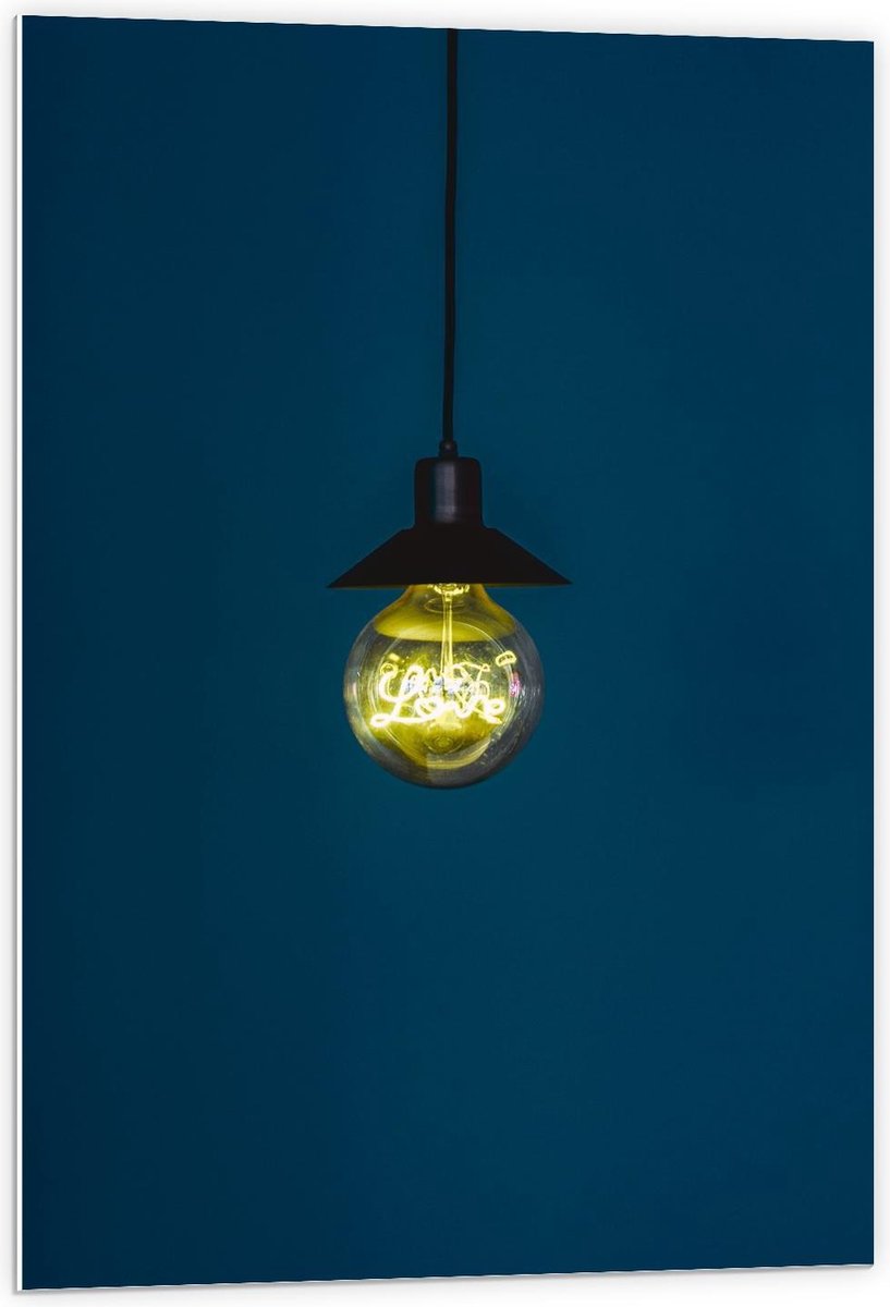 Forex - Gloeilamp met Blauwe Achtergrond - 60x90cm Foto op Forex