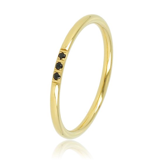 My Bendel minimalistische gouden ring met drie fijne zwarte glasstenen - Fijne edelstalen aanschuifring met drie zirkonia stenen - Met luxe cadeauverpakking