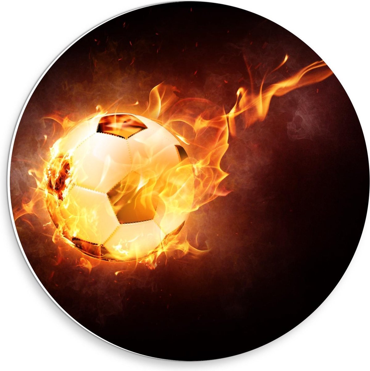 Forex Wandcirkel - Voetbal met Snelheidsvuur - 30x30cm Foto op Wandcirkel (met ophangsysteem)