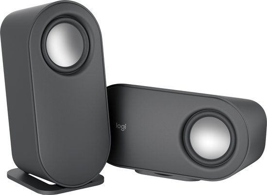 Twee zwarte Logitech speakers, één verticaal en één horizontaal.