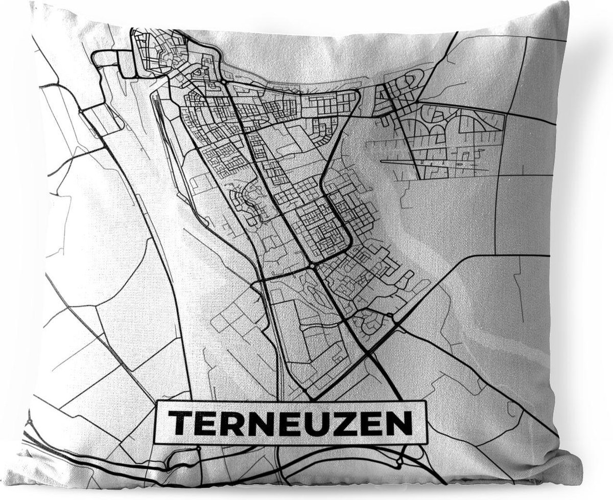 Buitenkussen Weerbestendig - Stadskaart - Terneuzen - Grijs - Wit - 50x50 cm - Plattegrond