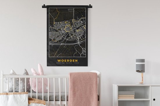 Wandkleed - Wanddoek - Plattegrond - Woerden - Goud - Zwart - 60x90 cm - Wandtapijt - Stadskaart