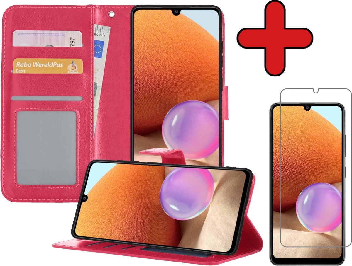 Hoesje - Met Screenprotector - Geschikt voor Samsung Galaxy A32 4G - Luxe Pasjeshouder - Flipcase - Bookcase Portemonee - Flip Case - Kunstleer Book Case - Book Cover - Walletcase - Portemonneehoes - Telefoonhoes - Donkerroze
