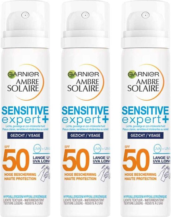 3x Garnier Ambre Solaire Gezichtsspray Sensitive Expert+ SPF 50 75 ml |  bol.com