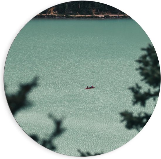 Dibond Wandcirkel - Rood Bootje op het Water - Foto op Aluminium Wandcirkel (met ophangsysteem)