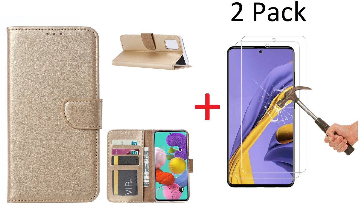 Hoesje Geschikt Voor Samsung Galaxy A71 Portemonnee hoesje + 2X Screenprotector - Goud