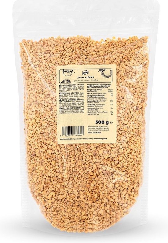 Lichtbruine, gedroogde appelstukjes in een doorzichtige zak van 500 g met productinformatie.