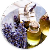 Forex Wandcirkel - Olievaasjes met Lavendel - 30x30cm Foto op Wandcirkel (met ophangsysteem)