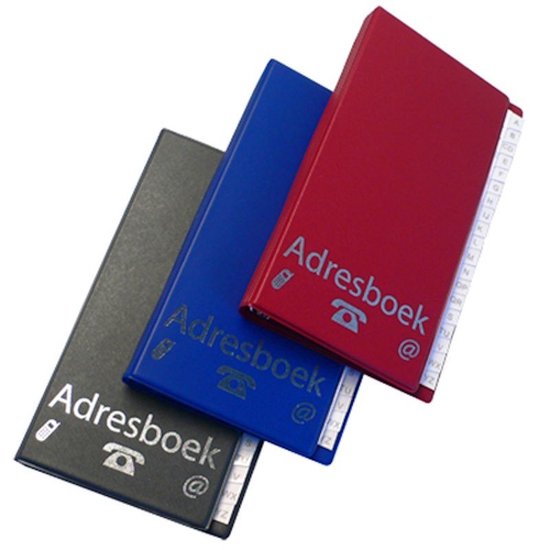 Drie adresboeken in rood, blauw en zwart. Met alfabetische tabbladen.