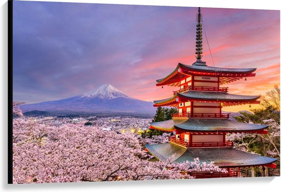 Canvas  - Chureito Pagoda bij Bloesem Bomen - 120x80cm Foto op Canvas Schilderij (Wanddecoratie op Canvas)