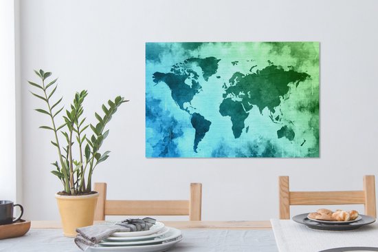 Wereldkaart avec peinture bleue qui passe au vert sur fond avec motif texturé 60x40 cm