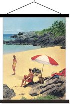 Posterhanger incl. Poster 60x80 cm - Schoolplaat - Vintage illustratie van een strandvakantie - Textielposter - Zwarte latten
