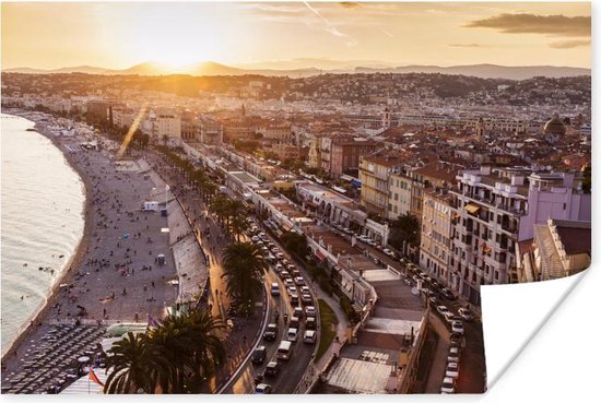 Affiche Vue aérienne de la ville française de Nice au coucher du soleil 120x80 cm - Tirage photo sur Poster (décoration murale salon / chambre) / Poster Villes européennes