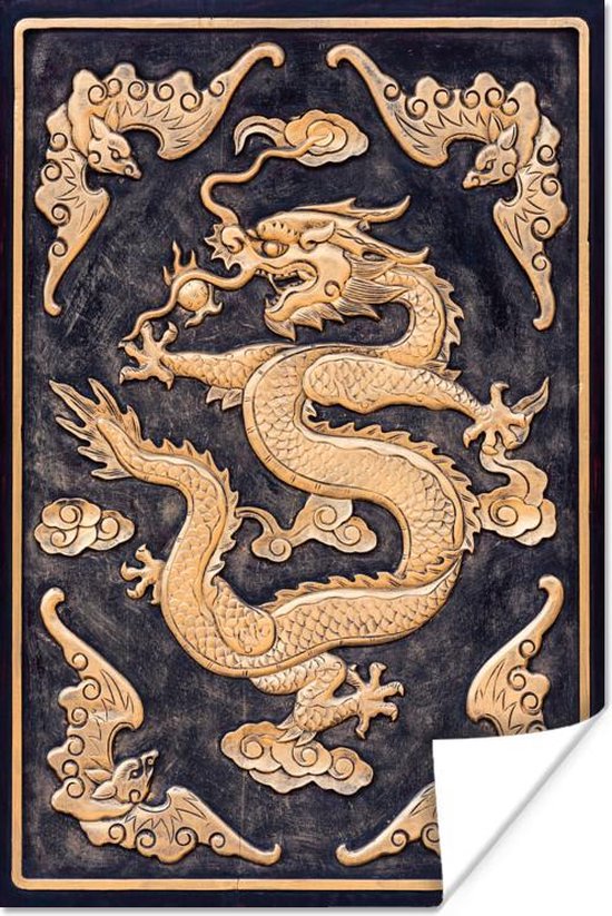 Poster Houten deur versierd met een gouden Chinese draak