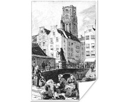 Poster Zwart-wit tekening van de grote markt in Rotterdam - 20x30 cm