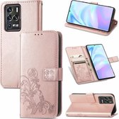 Voor ZTE Axon 30 Ultra 5G Vier-blad sluiting Reliëf Gesp Mobiele Telefoon Bescherming Lederen Case met Lanyard & Kaartsleuf & Portemonnee & Beugel Functie (Rose Goud)