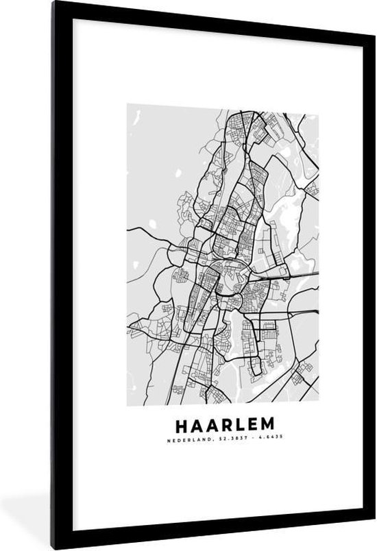 Fotolijst incl. Poster - Stadskaart - Haarlem - Grijs - Wit - 80x120 cm - Posterlijst - Plattegrond