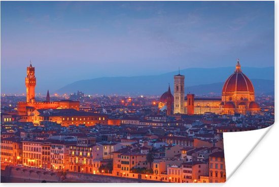 De Dom van Florence oranje gekleurd door de zonsondergang in Italië Poster 30x20 cm - klein - Foto print op Poster (wanddecoratie woonkamer / slaapkamer) / Europese steden Poster