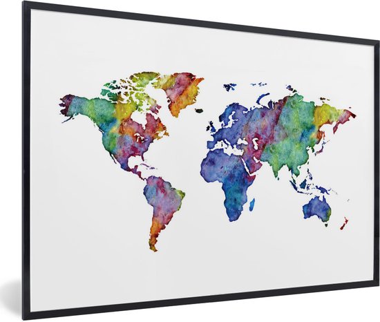 Carte du monde aquarelle violet bleu orange sur fond blanc 30x20 cm
