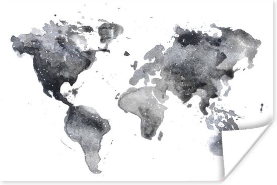 Carte du monde abstraite réalisée à l'aquarelle noire et grise 90x60 cm