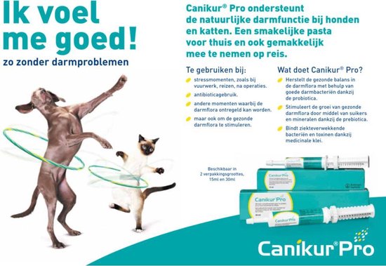 Vrolijke hond en kat bij Canikur Pro, met spuitjes en doosjes met 15ml en 30ml pasta.