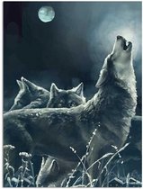 Schilderij Wolf huilend bij volle maan, 2 maten, grijs-wit