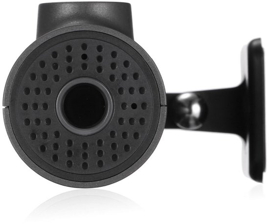 Achterkant van een zwarte 70Mai dashcam met een ronde grille en bevestiging.