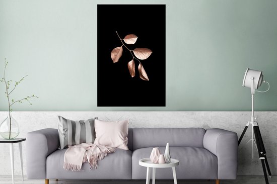 Branche aux feuilles rose or sur fond noir 120x180 cm XXL / Groot format!