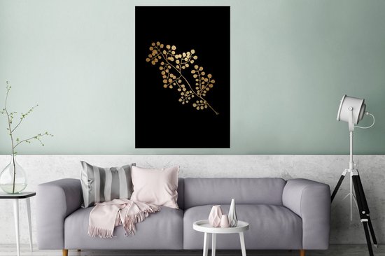 Branche à feuilles rondes dorées sur fond noir 80x120 cm