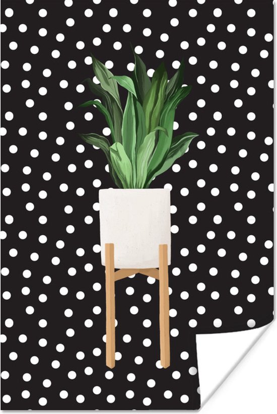 Illustration d'une plant à longues feuilles sur fond noir à pois blancs 80x120 cm