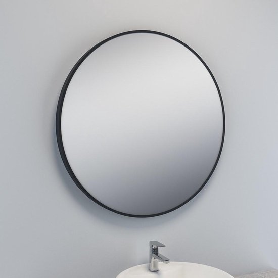 Moderne industriële spiegel Obejo, wit - ronde wandspiegel met houten Moderne industriële spiegel Obejo, wit - ronde wandspiegel met houten