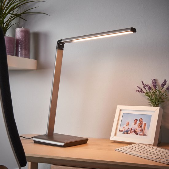 Lindby - LED bureaulamp- met dimmer - 1licht - kunststof - H: 46 cm - grijs metallic - Inclusief lichtbron