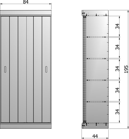 Technische tekening van een witte kast met schuifdeuren en afmetingen.