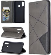 Voor Galaxy A20s ruit textuur horizontale flip magnetische lederen tas met houder en kaartsleuven (grijs)