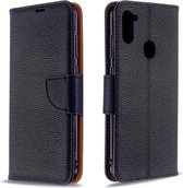 Voor Galaxy A11 Litchi Texture Pure Color Horizontale Flip PU Leather Case met houder & kaartsleuven & Wallet & Lanyard (zwart)