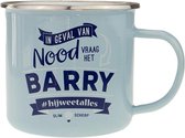 Mok - Top vent - Barry - Geëmailleerd - Gevuld met een verpakte toffeemix - In cadeauverpakking