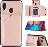 Voor Samsung Galaxy A20 & A30 Skin Feel PU + TPU + PC Achterkant Schokbestendig hoesje met kaartsleuven & houder & fotolijst (roségoud)