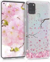 kwmobile telefoonhoesje voor Samsung Galaxy A21s - Hoesje voor smartphone in poederroze / donkerbruin / transparant - Kersenbloesembladeren design